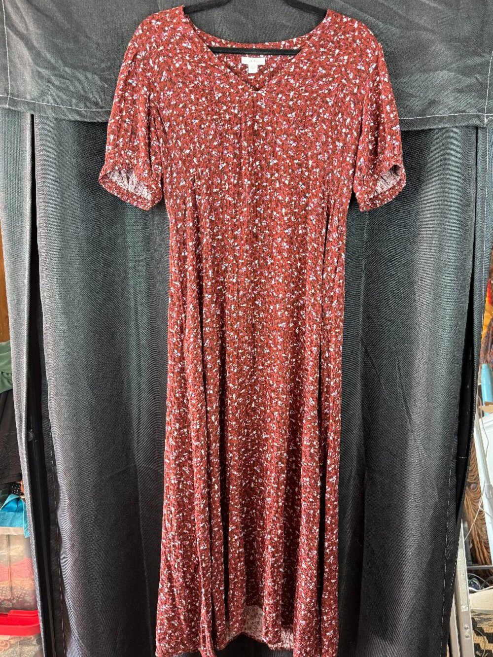 J Jill Rust Colored Floral Shor Sleeved Midi Dress (Size S)